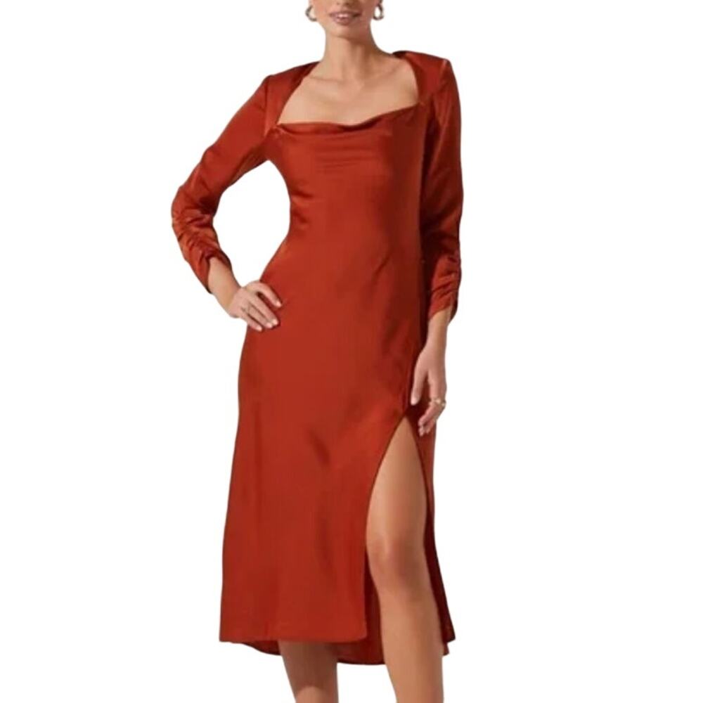 ASTR XS NEW Gracie Long Sleeve Cutout Satin Midi Dress Rust Burnt Orange Party